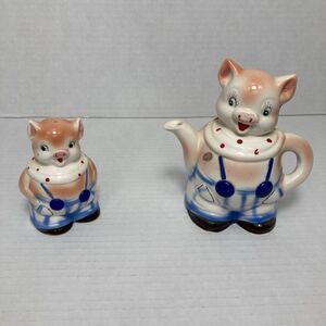 Vintage Lorraine Elam Pig Prunella + Pomeroy Creamer and Shaker Enesco Japan 50s